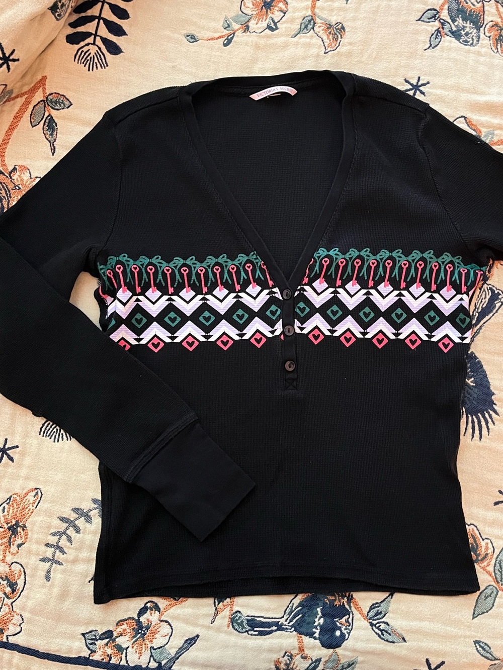 Victoria's Secret Black V-Neck PJ Top with Pink, Green and White Geometric Band